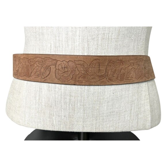 Express Brown Floral Tooled Leather Belt w Stone & Rock Buckle  Size S  Artisan - Picture 2 of 14